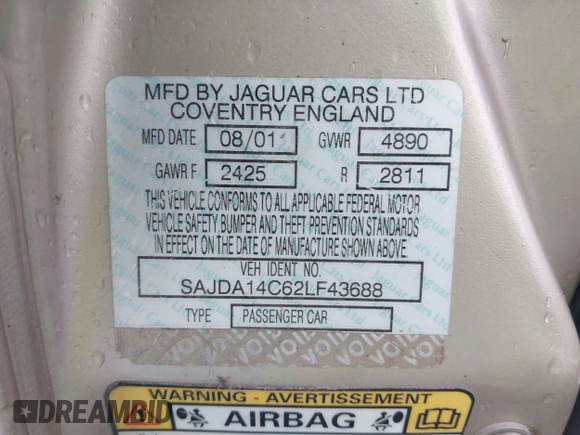 2002 Jaguar XJ 8 with VIN SAJDA14C62LF43688, listed as a IAAI auction lot 41538366 with Not provided miles and . Bid and sale history available at DreamBid. Image 9.