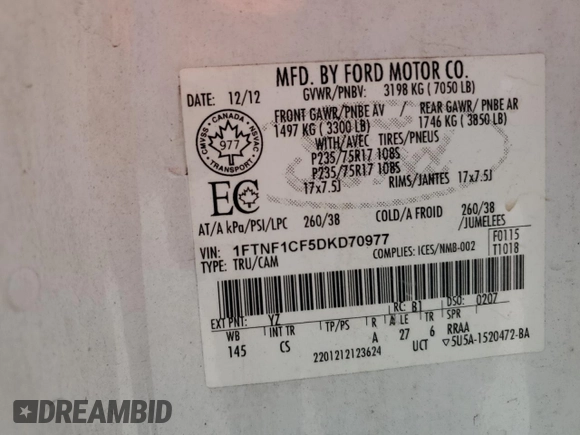 2013 Ford F-150 XL with VIN 1FTNF1CF5DKD70977, listed as a Copart auction lot 61922765 with 489,017 mi miles and Clean title. Bid and sale history available at DreamBid. Image 12.
