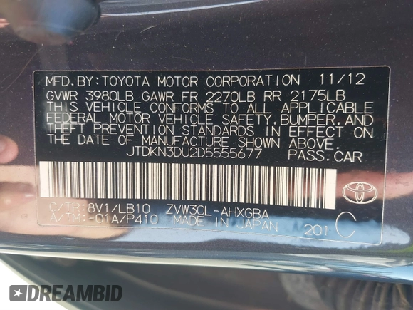 2013 Toyota Prius One z VIN JTDKN3DU2D5555677, wystawiony jako IAAI lot #41739804 z przebiegiem 50 640 mil mil oraz . Historia ofert i sprzedaży dostępna na DreamBid. Obrazek 9.