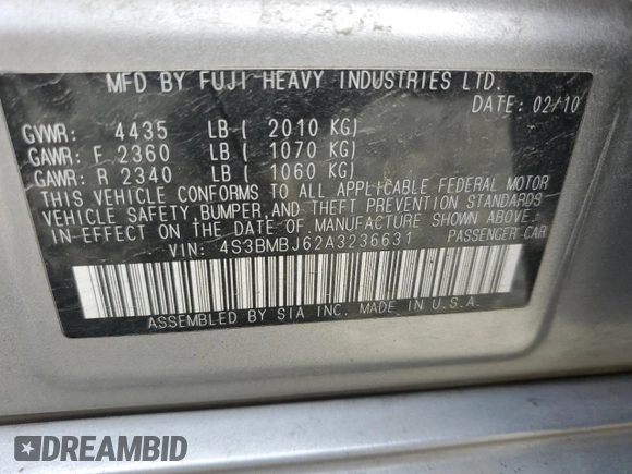 2010 Subaru Legacy Limited z VIN 4S3BMBJ62A3236631, wystawiony jako Copart lot #54870955 z przebiegiem 185 247 mil mil oraz Szkoda całkowita • Salvage title. Historia ofert i sprzedaży dostępna na DreamBid. Obrazek 13.
