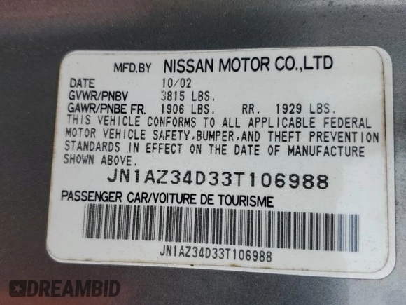 2003 Nissan 350Z Performance z VIN JN1AZ34D33T106988, wystawiony jako Copart lot #57933985 z przebiegiem 203 959 mil mil oraz Szkoda całkowita • Salvage title. Historia ofert i sprzedaży dostępna na DreamBid. Obrazek 12.