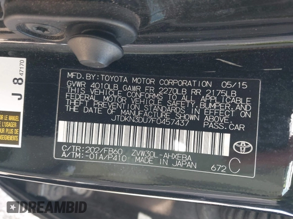 2015 Toyota Prius Four with VIN JTDKN3DU7F0457437, listed as a IAAI auction lot 41936602 with Not Provided miles. Bid and sale history available at carsss.com. Image 9.