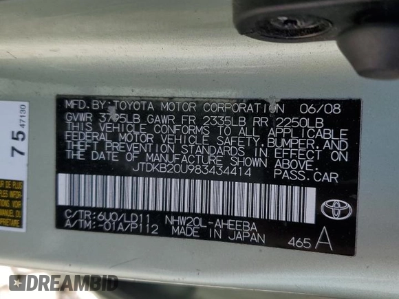 2008 Toyota Prius with VIN JTDKB20U983434414, listed as a Copart auction lot 62626095 with 155,468 mi miles and Non repairable. Bid and sale history available at DreamBid. Image 12.