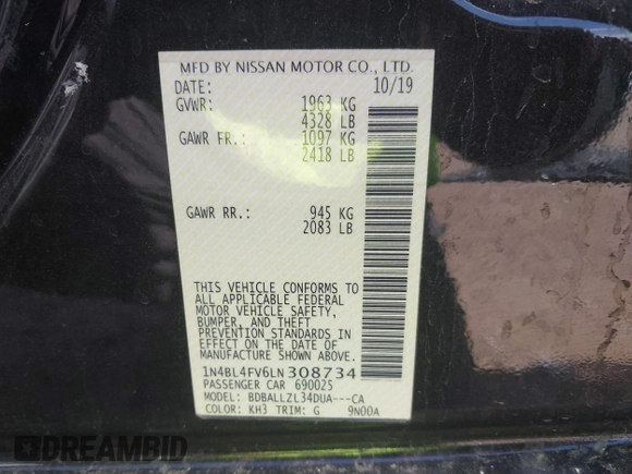 2020 Nissan Altima Platinum with VIN 1N4BL4FV6LN308734, listed as a IAAI auction lot 41737044 with Not Provided miles and . Bid and sale history available at carsss.com. Image 9.