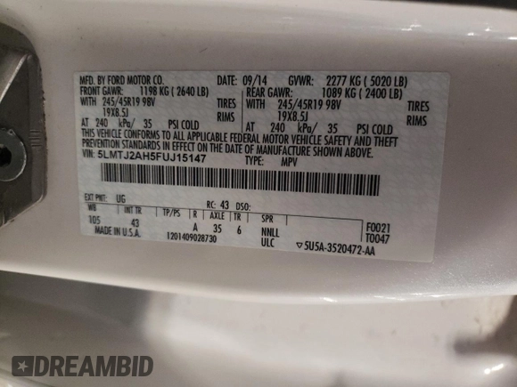 2015 Lincoln MKC with VIN 5LMTJ2AH5FUJ15147, listed as a Copart auction lot 45133245 with 110,872 mi miles and Salvage Title. Bid and sale history available at carsss.com. Image 13.