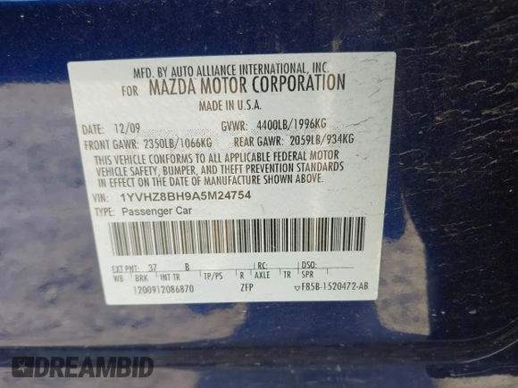 2010 Mazda 6 i Sport with VIN 1YVHZ8BH9A5M24754, listed as a IAAI auction lot 42103941 with 208,195 mi miles. Bid and sale history available at carsss.com. Image 9.