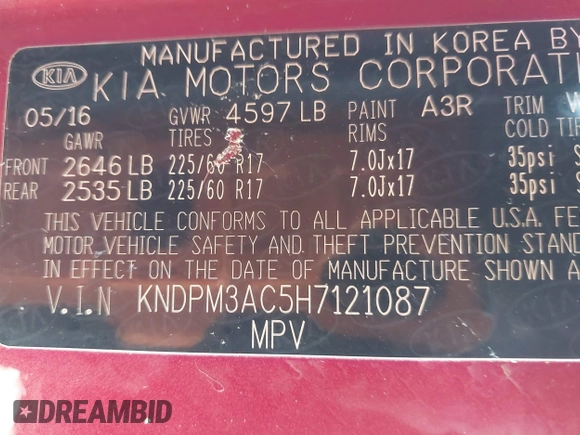 2017 Kia Sportage LX with VIN KNDPM3AC5H7121087, listed as a IAAI auction lot 41967697 with 91,175 mi miles. Bid and sale history available at carsss.com. Image 9.