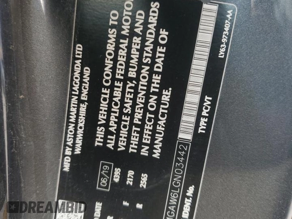 2020 Aston Martin Vantage z VIN SCFSMGAW6LGN03442, wystawiony jako Copart lot #83372524 z przebiegiem 10 819 mil mil oraz Szkoda całkowita • Salvage title. Historia ofert i sprzedaży dostępna na DreamBid. Obrazek 12.