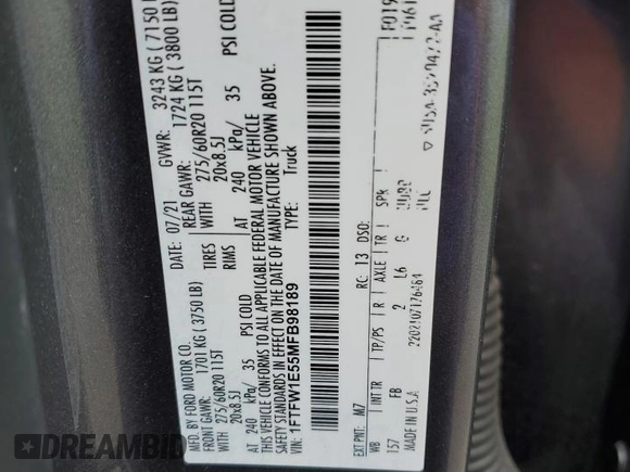 2021 Ford F-150 XL с VIN 1FTFW1E55MFB98189, выставлен на аукционе Copart как лот 58473495 с пробегом 46 648 миль миль и Списание • Salvage title. История ставок и продаж доступна на DreamBid. Изображение 12.