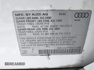2022 Audi Q5 S line Premium Plus with VIN WA1EAAFY9N2112369, listed as a IAAI auction lot 42604571 with 58,303 mi miles and . Bid and sale history available at DreamBid. Image 9.