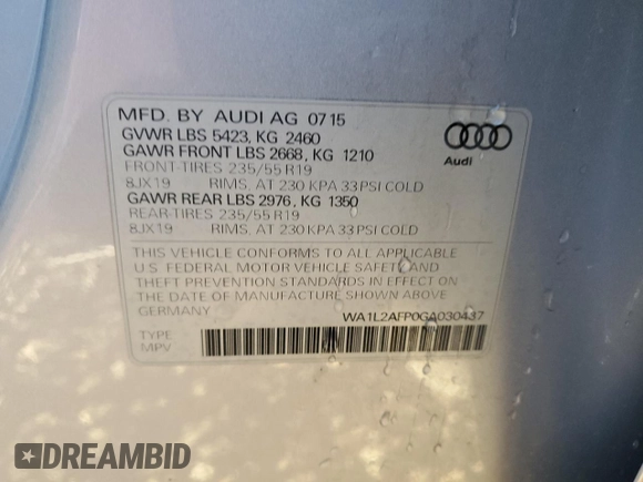 2016 Audi Q5 Premium Plus with VIN WA1L2AFP0GA030437, listed as a Copart auction lot 82995804 with 98,441 mi miles and Salvage Title. Bid and sale history available at carsss.com. Image 12.