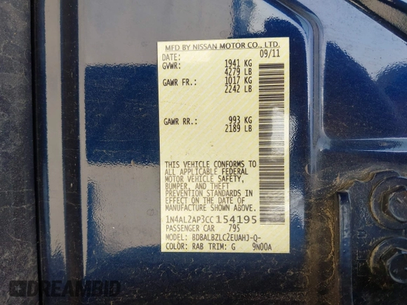 2012 Nissan Altima 2.5 SL with VIN 1N4AL2AP3CC154195, listed as a IAAI auction lot 41832440 with 104,028 mi miles. Bid and sale history available at carsss.com. Image 9.
