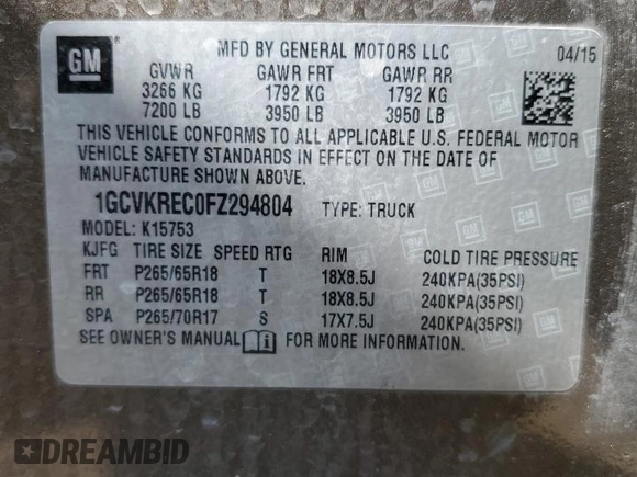 2015 Chevrolet Silverado 1500 LT with VIN 1GCVKREC0FZ294804, listed as a Copart auction lot 53846645 with 84,216 mi miles and Salvage Title. Bid and sale history available at DreamBid. Image 12.