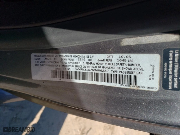2006 Volkswagen New Beetle Coupe S with VIN 3VWRW31C76M406232, listed as a Copart auction lot 75100914 with 143,978 mi miles and Salvage Title. Bid and sale history available at carsss.com. Image 12.