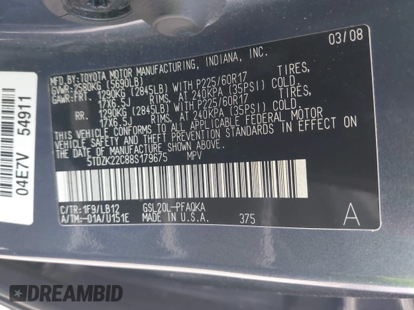 2008 Toyota Sienna XLE with VIN 5TDZK22C88S179675, listed as a IAAI auction lot 42057683 with 146,960 mi miles. Bid and sale history available at carsss.com. Image 9.
