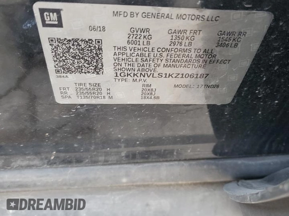 2019 GMC Acadia SLT with VIN 1GKKNVLS1KZ106187, listed as a Copart auction lot 66541974 with 155,005 mi miles and Salvage Title. Bid and sale history available at DreamBid. Image 14.