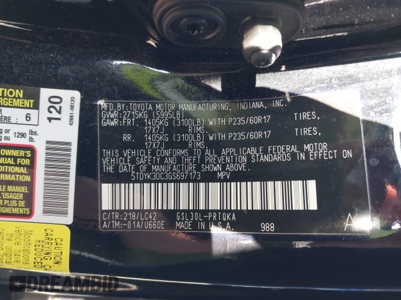 2016 Toyota Sienna XLE with VIN 5TDYK3DC3GS697173, listed as a IAAI auction lot 40899585 with 121,693 mi miles. Bid and sale history available at carsss.com. Image 9.