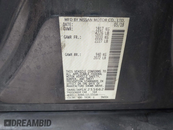 2018 Nissan Altima SR with VIN 1N4AL3AP5JC255662, listed as a IAAI auction lot 42229232 with 171,399 mi miles and . Bid and sale history available at carsss.com. Image 9.