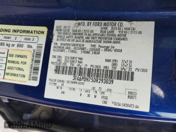 2013 Ford Fusion SE with VIN 3FA6P0H75DR293039, listed as a IAAI auction lot 42270083 with 179,000 mi miles and . Bid and sale history available at DreamBid. Image 9.