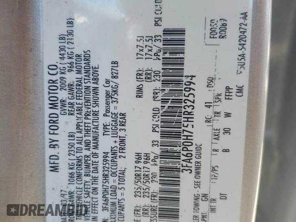 2017 Ford Fusion SE with VIN 3FA6P0H75HR325994, listed as a Copart auction lot 54260955 with 210,049 mi miles and Clean Title. Bid and sale history available at carsss.com. Image 12.