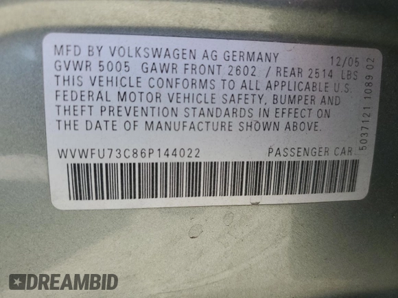 2006 Volkswagen Passat with VIN WVWFU73C86P144022, listed as a Copart auction lot 43802765 with 133,448 mi miles and Salvage title. Bid and sale history available at DreamBid. Image 13.