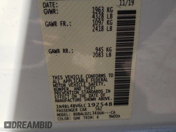 2020 Nissan Altima S with VIN 1N4BL4BV6LC192548, listed as a Copart auction lot 50990385 with 69,225 mi miles and Salvage Title. Bid and sale history available at carsss.com. Image 14.