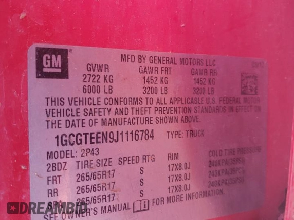2018 Chevrolet Colorado 4WD ZR2 with VIN 1GCGTEEN9J1116784, listed as a Copart auction lot 88599785 with 0 mi miles and Salvage Title. Bid and sale history available at carsss.com. Image 12.