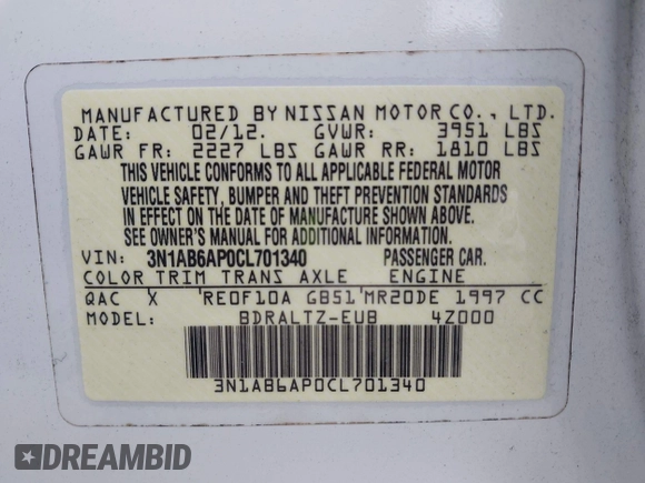 2012 Nissan Sentra 2.0 z VIN 3N1AB6AP0CL701340, wystawiony jako IAAI lot #42094800 z przebiegiem 189 128 mil mil oraz . Historia ofert i sprzedaży dostępna na DreamBid. Obrazek 9.