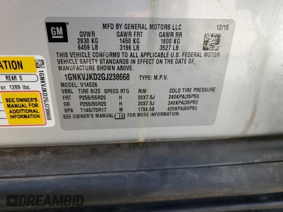 2016 Chevrolet Traverse LTZ with VIN 1GNKVJKD2GJ238668, listed as a Copart auction lot 48658965 with 106,924 mi miles and Salvage Title. Bid and sale history available at DreamBid. Image 12.