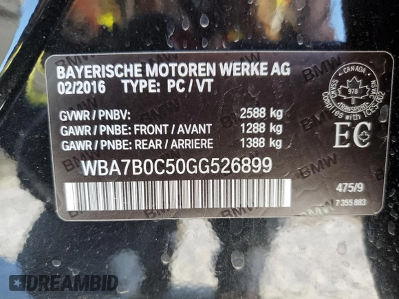 2016 BMW 7 Series 750i xDrive with VIN WBA7B0C50GG526899, listed as a Copart auction lot 46712485 with 97,985 mi miles and Salvage title. Bid and sale history available at DreamBid. Image 13.