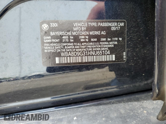 2017 BMW 3 Series 330i xDrive with VIN WBA8D9G31HNU65104, listed as a Copart auction lot 58523515 with 54,856 mi miles and Salvage title. Bid and sale history available at DreamBid. Image 12.