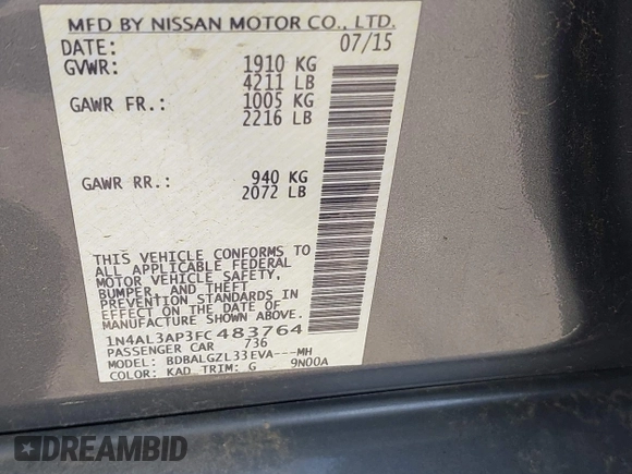 2015 Nissan Altima SL z VIN 1N4AL3AP3FC483764, wystawiony jako IAAI lot #42309176 z przebiegiem 144 231 mil mil oraz . Historia ofert i sprzedaży dostępna na DreamBid. Obrazek 9.