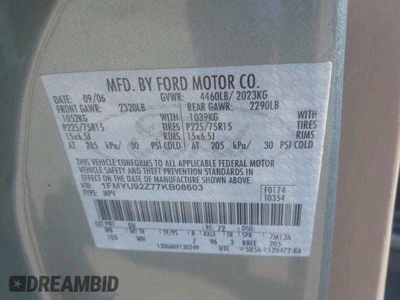2007 Ford Escape XLS с VIN 1FMYU92Z77KB08603, выставлен на аукционе IAAI как лот 41858410 с пробегом 144 830 миль миль и . История ставок и продаж доступна на DreamBid. Изображение 9.