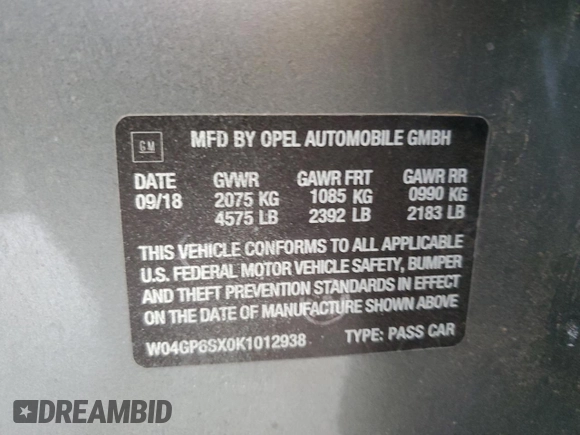 2019 Buick Regal Essence with VIN W04GP6SX0K1012938, listed as a Copart auction lot 48598045 with 75,489 mi miles and Salvage title. Bid and sale history available at DreamBid. Image 12.