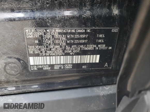 2022 Toyota RAV4 XLE with VIN 2T3P1RFV6NC276870, listed as a Copart auction lot 50611735 with 52,614 mi miles and Salvage Title. Bid and sale history available at carsss.com. Image 13.