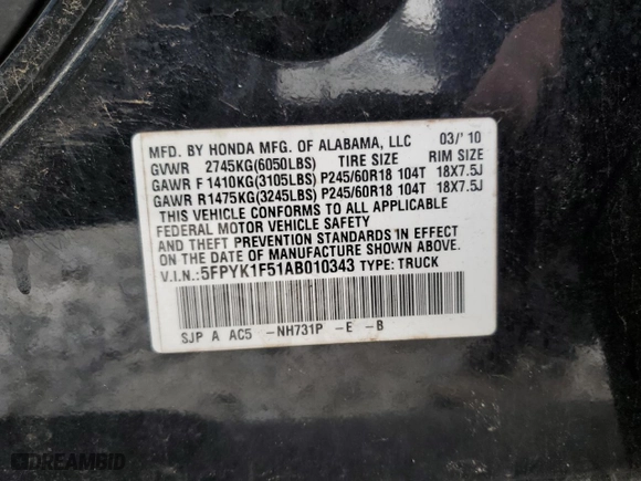 2010 Honda Ridgeline RTL with VIN 5FPYK1F51AB010343, listed as a Copart auction lot 43634365 with 248,387 mi miles and Non Repairable. Bid and sale history available at carsss.com. Image 12.