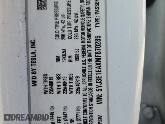 2021 Tesla Model 3 Standard Range Plus z VIN 5YJ3E1EAXMF870285, wystawiony jako Copart lot #53251375 z przebiegiem 64 085 mil mil oraz Szkody całkowita. Historia ofert i sprzedaży dostępna na DreamBid. Obrazek 12.