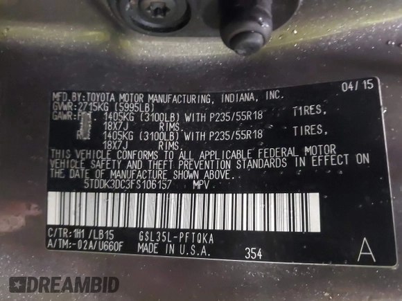 2015 Toyota Sienna Ltd with VIN 5TDDK3DC3FS106157, listed as a IAAI auction lot 41737202 with 173,724 mi miles. Bid and sale history available at carsss.com. Image 9.