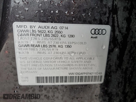 2015 Audi Q5 Premium Plus with VIN WA1DGAFP4FA019249, listed as a Copart auction lot 55855715 with 102,122 mi miles and Salvage title. Bid and sale history available at DreamBid. Image 13.