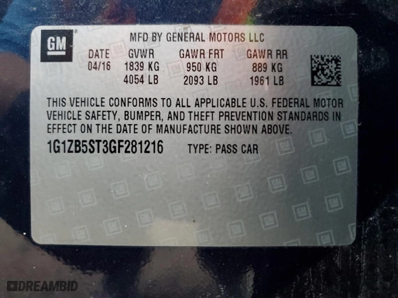 2016 Chevrolet Malibu LS with VIN 1G1ZB5ST3GF281216, listed as a Copart auction lot 53572335 with 134,949 mi miles and Salvage Title. Bid and sale history available at carsss.com. Image 13.