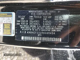 2024 Kia EV9 GT-Line z VIN KNDAEFS52R6040494, wystawiony jako Copart lot #51679105 z przebiegiem Nie podano mil oraz Szkody całkowita. Historia ofert i sprzedaży dostępna na DreamBid. Obrazek 13.