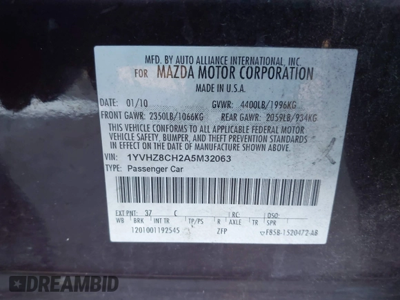 2010 Mazda 6 i Touring with VIN 1YVHZ8CH2A5M32063, listed as a IAAI auction lot 41396534 with 219,403 mi miles and . Bid and sale history available at DreamBid. Image 9.