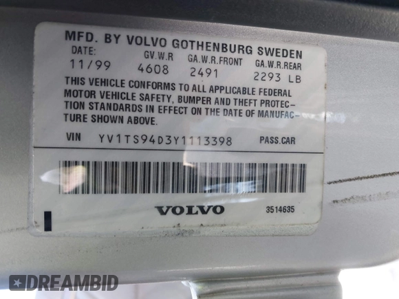 2000 Volvo S80 with VIN YV1TS94D3Y1113398, listed as a IAAI auction lot 42062279 with 112,752 mi miles. Bid and sale history available at carsss.com. Image 9.