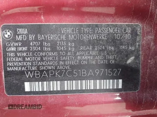2011 BMW 3 Series 328i xDrive z VIN WBAPK7C51BA971527, wystawiony jako IAAI lot #42204551 z przebiegiem 160 633 mil mil oraz . Historia ofert i sprzedaży dostępna na DreamBid. Obrazek 9.