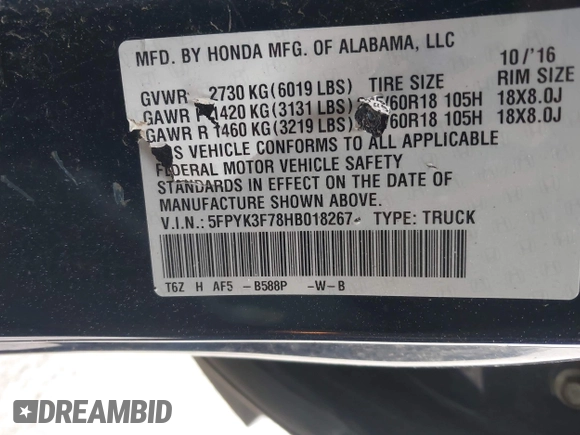 2017 Honda Ridgeline RTL-E with VIN 5FPYK3F78HB018267, listed as a IAAI auction lot 42299573 with 123,207 mi miles and . Bid and sale history available at DreamBid. Image 9.