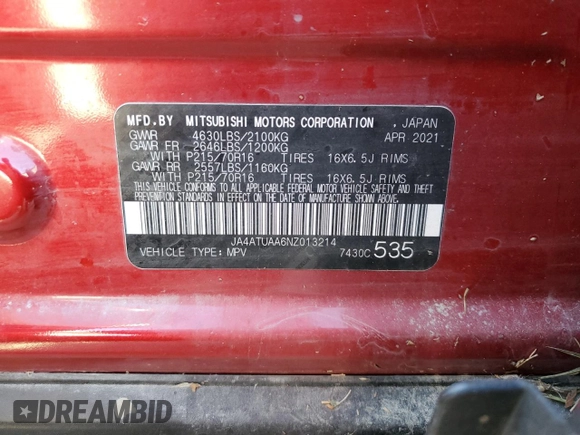 2022 Mitsubishi Eclipse Cross ES with VIN JA4ATUAA6NZ013214, listed as a Copart auction lot 46410485 with 67,245 mi miles and Salvage title. Bid and sale history available at DreamBid. Image 14.