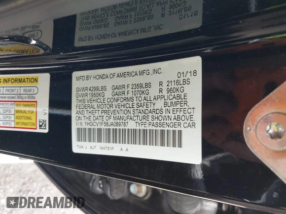 2018 Honda Accord EX-L z VIN 1HGCV1F58JA089787, wystawiony jako IAAI lot #37444060 z przebiegiem 40 195 mil mil oraz . Historia ofert i sprzedaży dostępna na DreamBid. Obrazek 9.