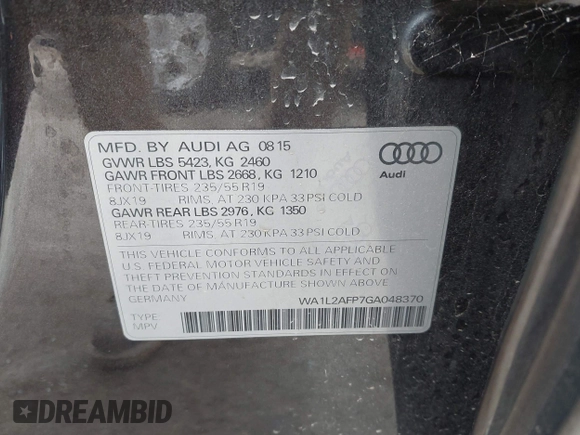 2016 Audi Q5 Premium Plus with VIN WA1L2AFP7GA048370, listed as a IAAI auction lot 42256785 with 112,489 mi miles and . Bid and sale history available at DreamBid. Image 9.