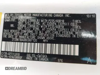 2011 Lexus RX 350 with VIN 2T2BK1BAXBC087120, listed as a IAAI auction lot 42079698 with 211,099 mi miles and . Bid and sale history available at DreamBid. Image 9.