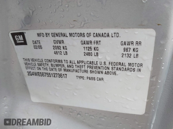 2005 Buick LaCrosse CXS with VIN 2G4WE567551273617, listed as a IAAI auction lot 41356265 with Not Provided miles and . Bid and sale history available at DreamBid. Image 9.